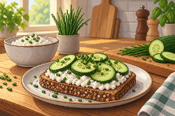 Appetizingly arranged whole-grain toast topped with cottage cheese, cucumber slices, and chives in a quiet kitchen scene with soft daylight.