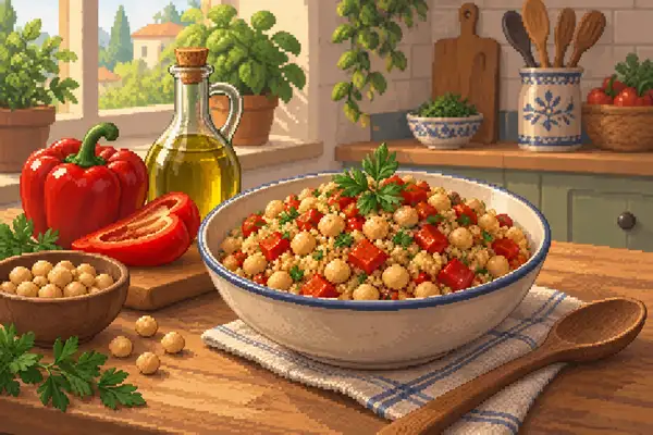 Eine appetitlich angerichtete Schale mit Bulgur, Kichererbsen und Paprika, abgerundet mit Olivenöl, in einer ruhigen Küchenszene im weichen Tageslicht.